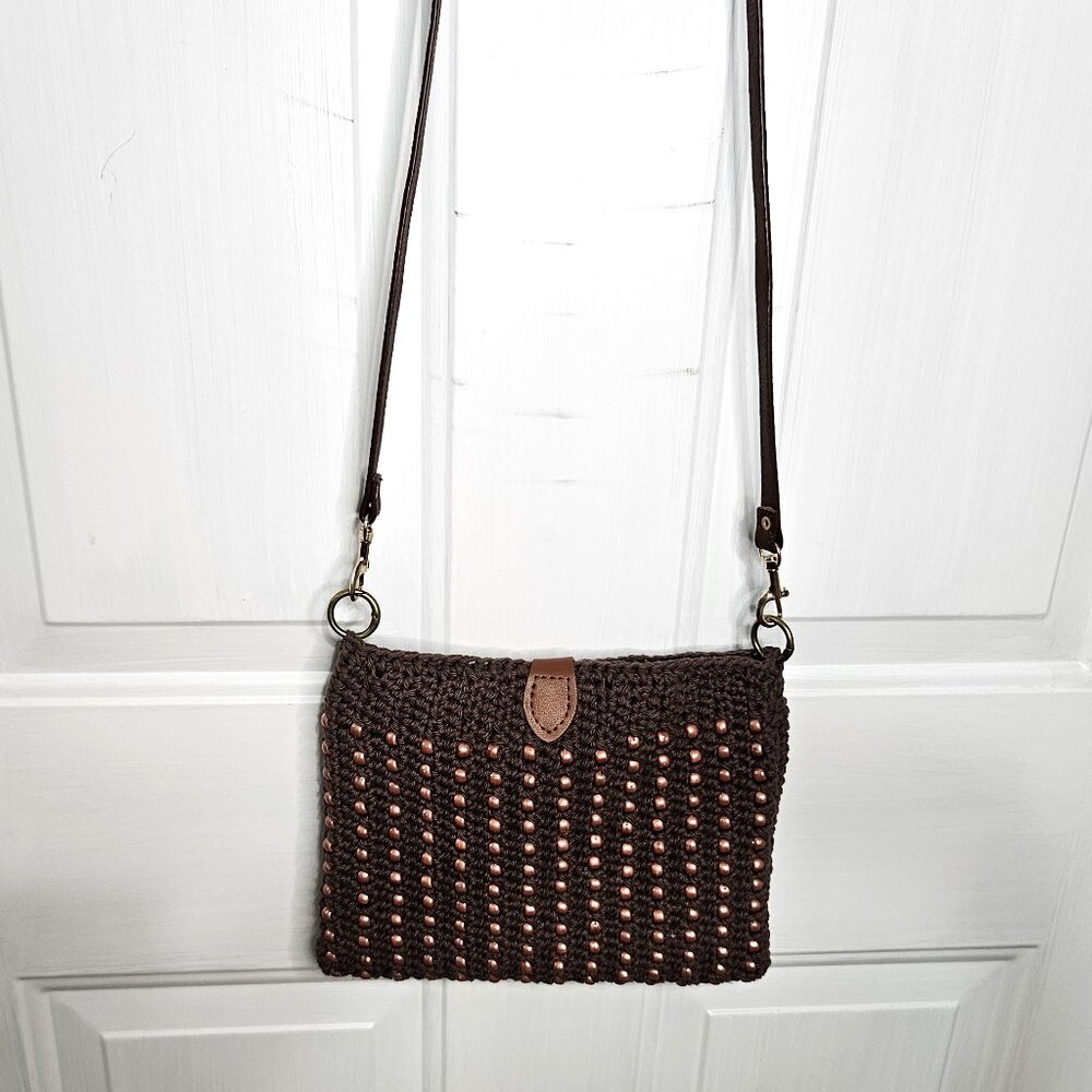 Crochet Beaded Brown with Bronze Beading Clutch/Crossbody Bag (Wristlet strap)